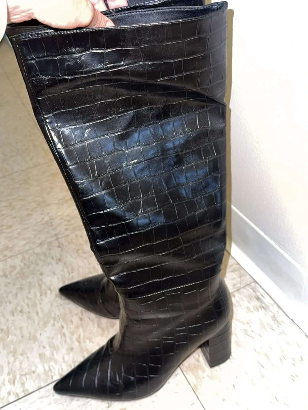 Amazon Black Croc-Embossed Pointed Toe Over-The-Knee Boots